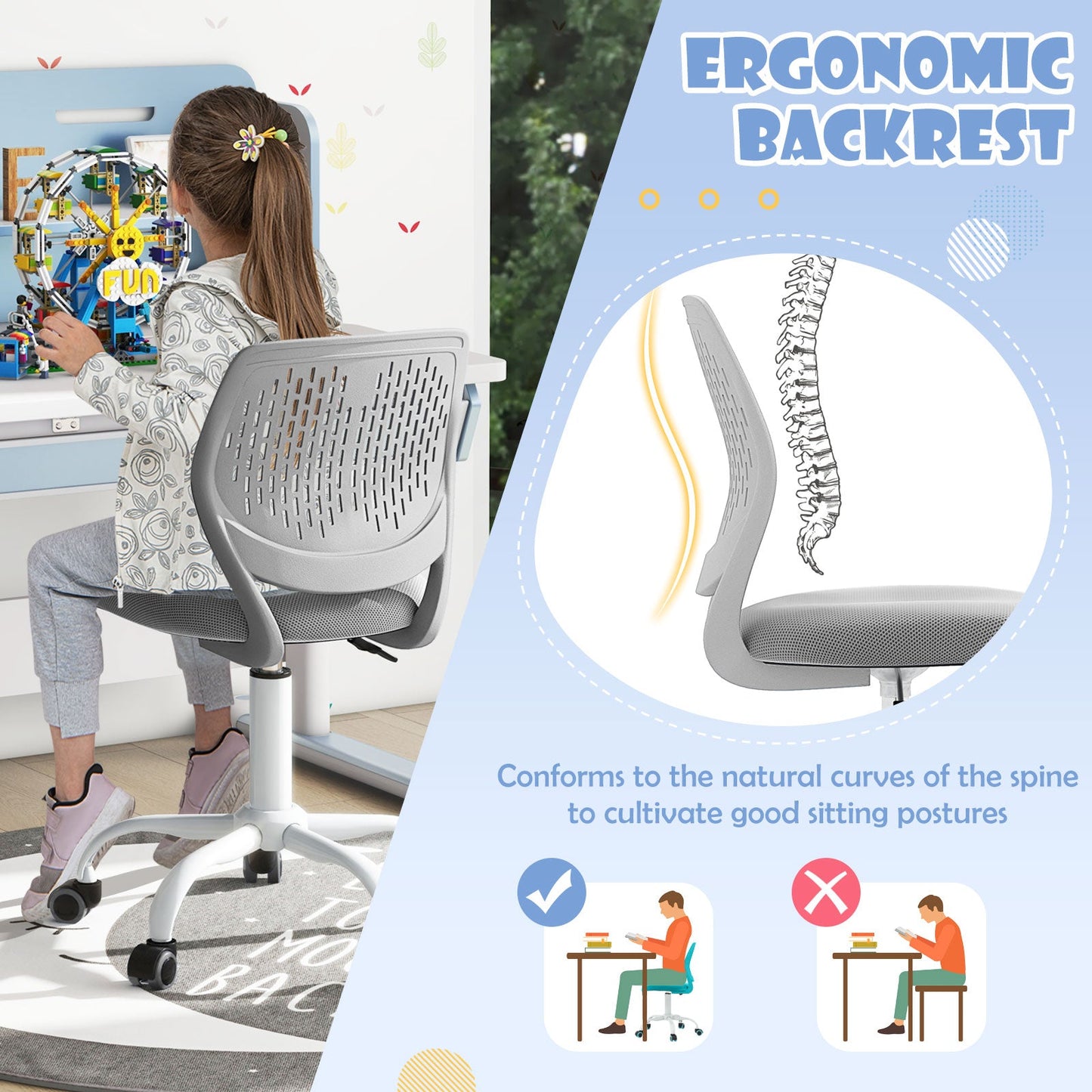 Silla de Estudio Ergonómica para Niños - Altura Ajustable en Gris