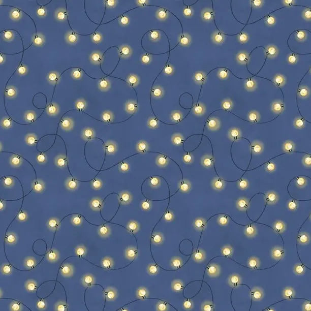 Tissu en coton Navy Evergreen Escape String Lights par yard