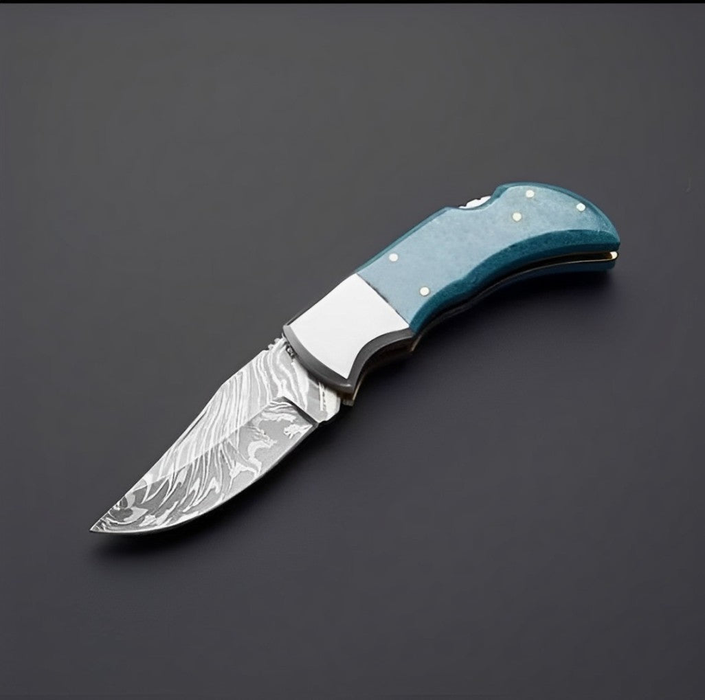 Custom Handmade Damascus Steel Pocket Knife with Turquoise Epoxy Handle | 2.5-Inch Blade | KBS Knives - Korvel