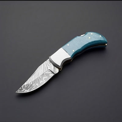 Custom Handmade Damascus Steel Pocket Knife with Turquoise Epoxy Handle | 2.5-Inch Blade | KBS Knives - Korvel