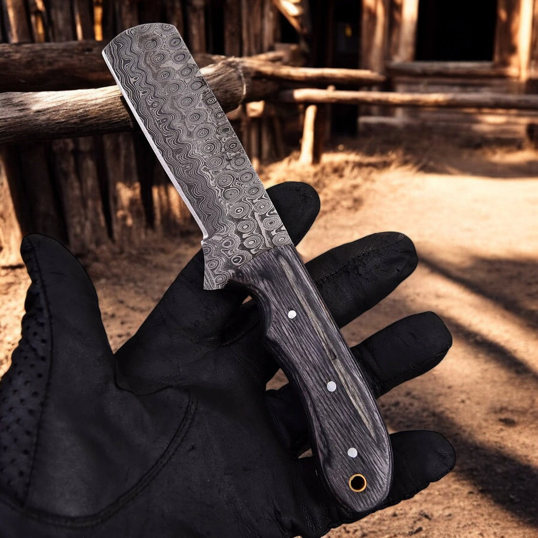 Exquisite Damascus Bull Cutter Knife - 8" Unique Teardrop Blade with Luxurious Black Wood Handle - Korvel