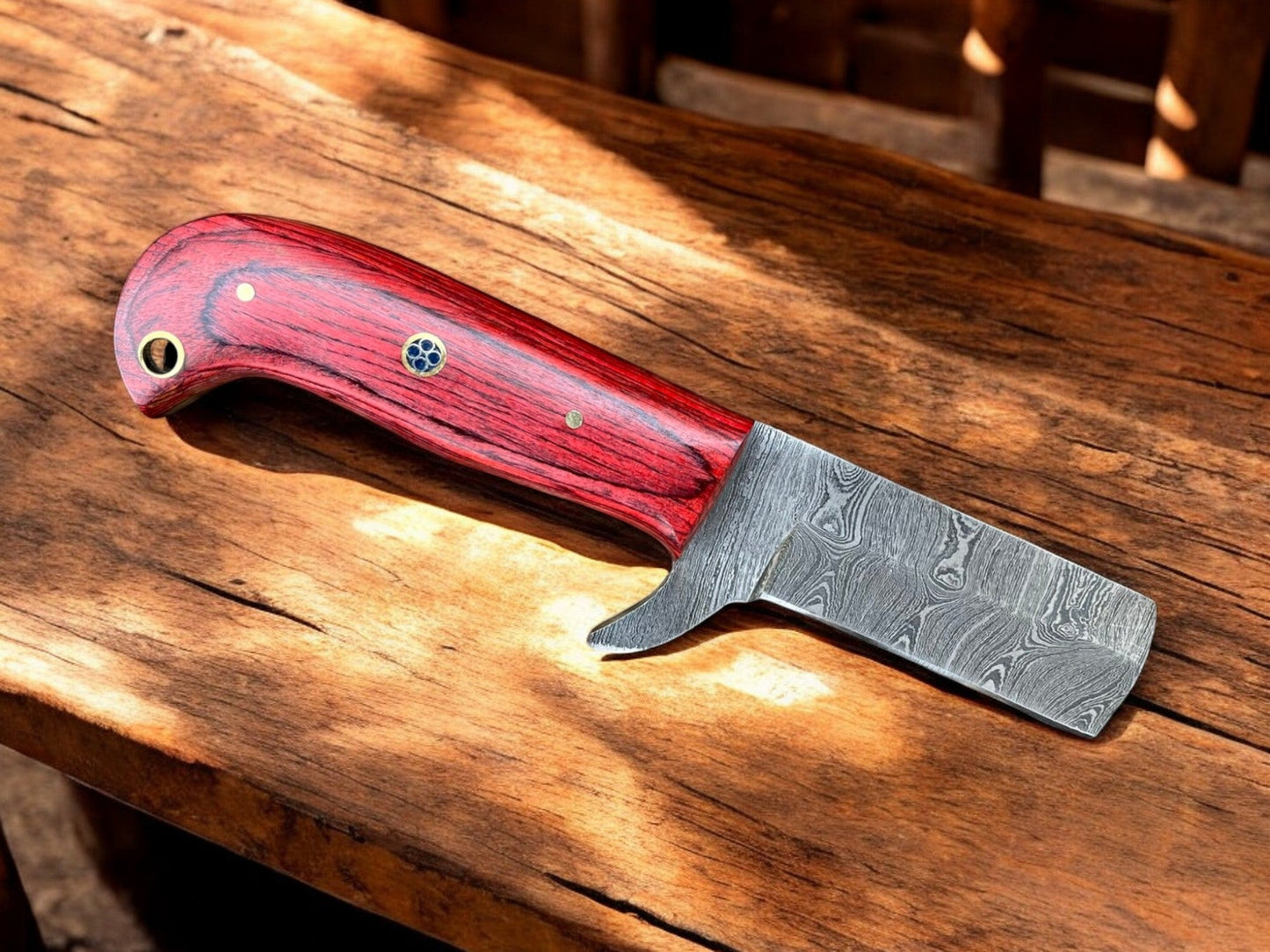 Exquisite Damascus Steel Bull Cutter Knife - 7" Redwood Handle & Western Sheath - Korvel