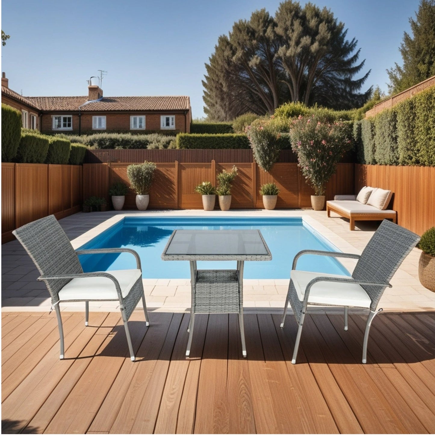 3 Piece Patio Wicker Conversation Set Grey Wicker + white Cushion - Korvel
