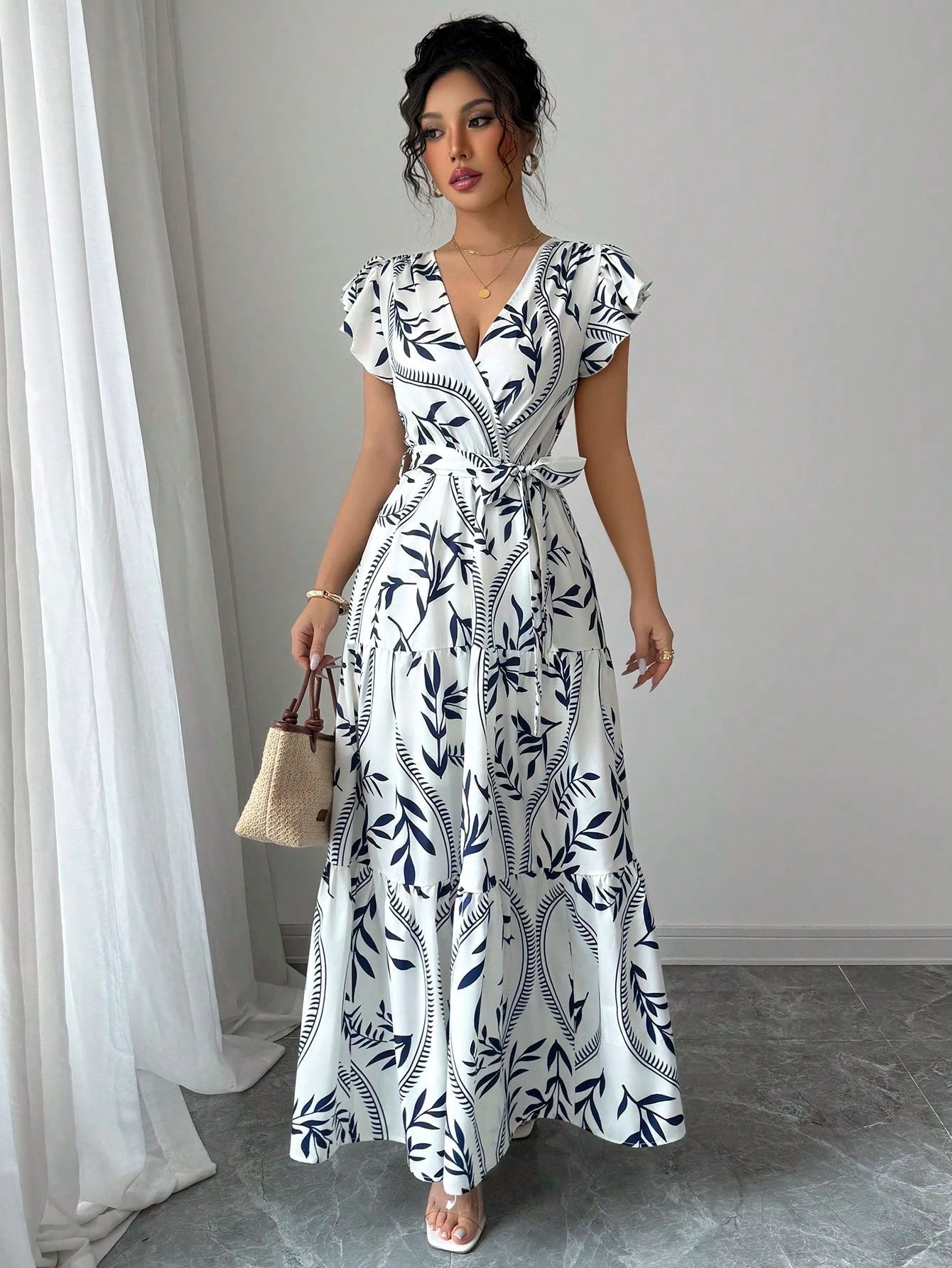 Spring Summer New Printed Ruffled V-Neck Sexy Fitted Slimming Long Dress Gown - Korvel