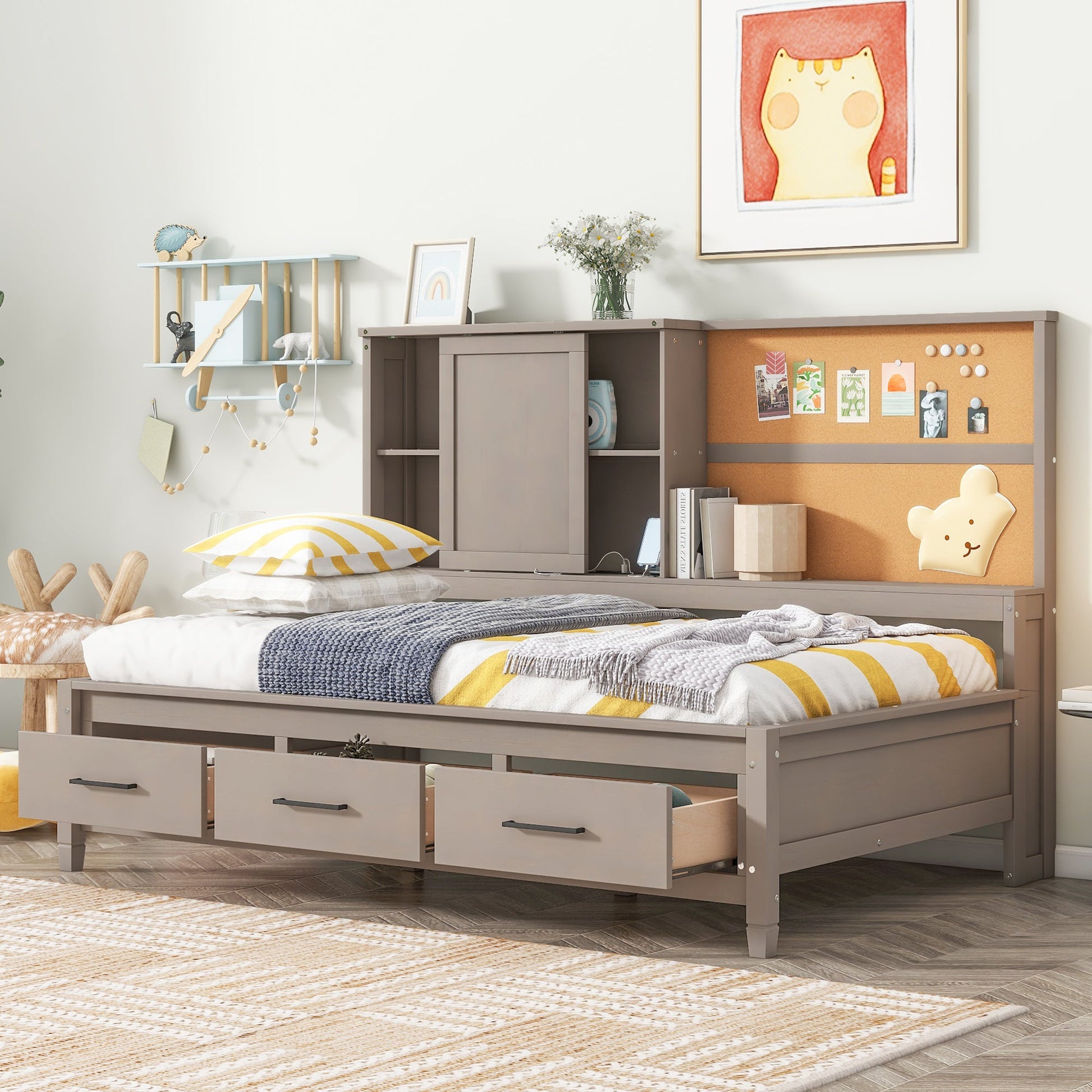 Twin Size Lounge Daybed with Storage Shelves, Cork Board, USB Ports and 3 Drawers, Antique Gray - Korvel