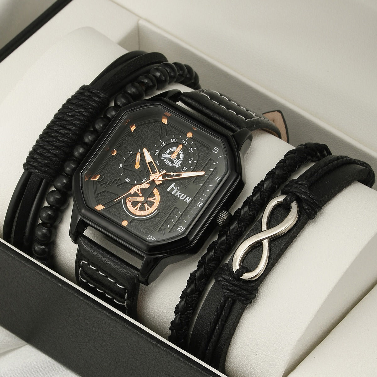 Fashion New Double Layer Square Shell Belt Casual Men's Sports Bracelet Set Quartz Watch - Korvel