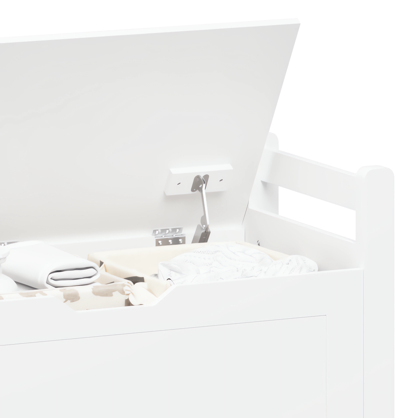 A white rubber wood children's toy box with soft cushioned seats, stools, flip covers, and safety hinges for toy storage - Korvel