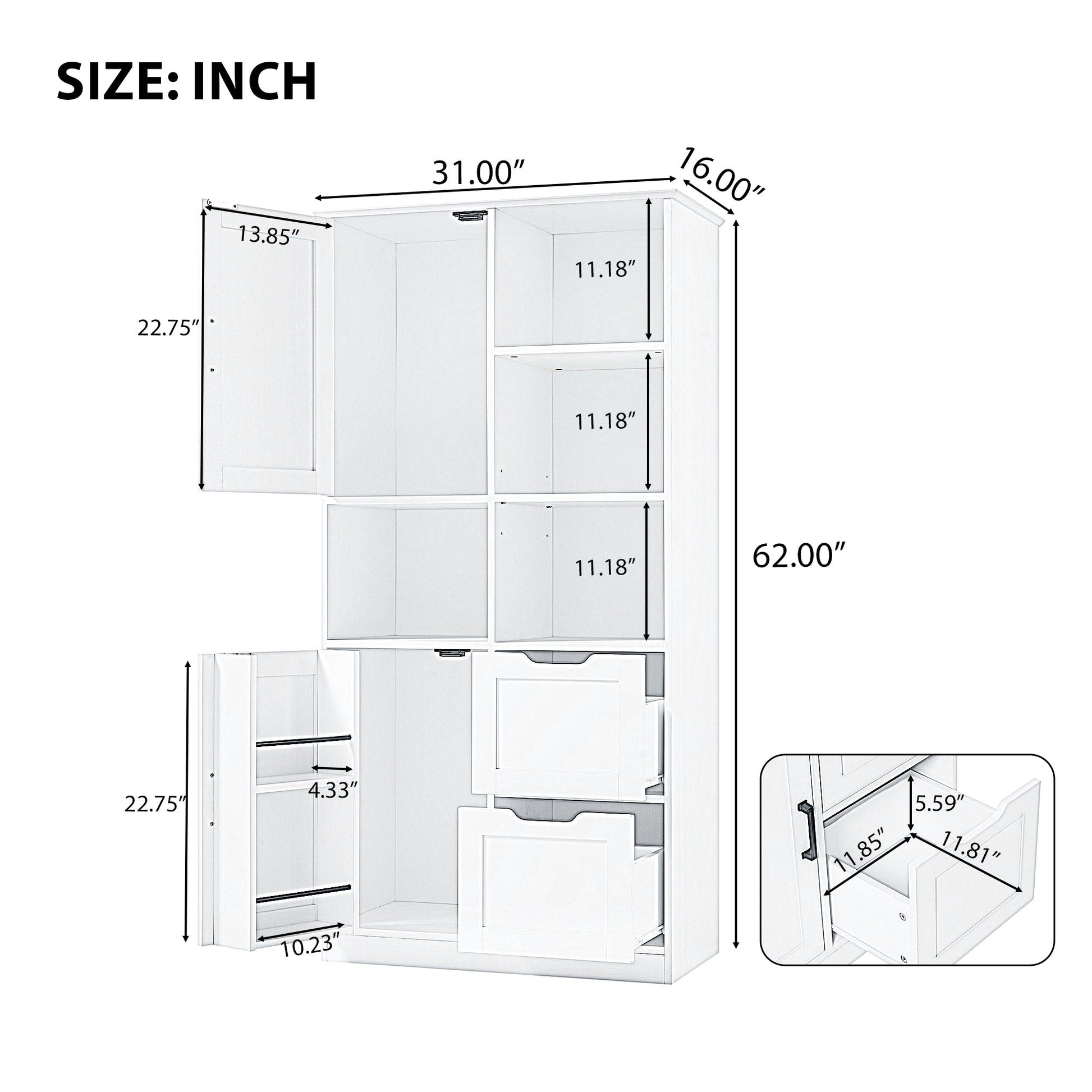 Bathroom storage cabinet with doors and drawers, multiple storage spaces, independent, open adjustable shelves, white - Korvel