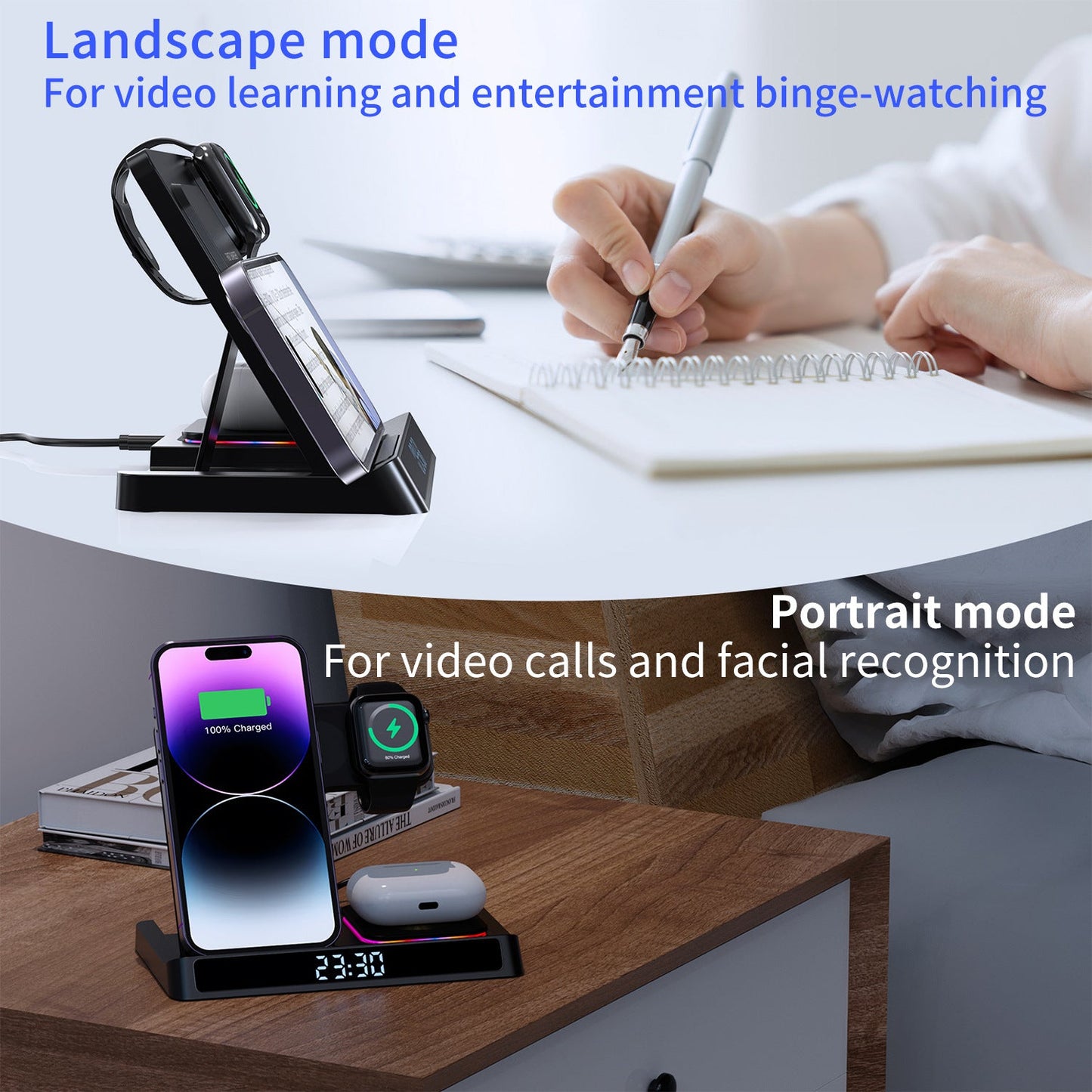 Station de charge sans fil 4-en-1 avec horloge pour appareils Apple
