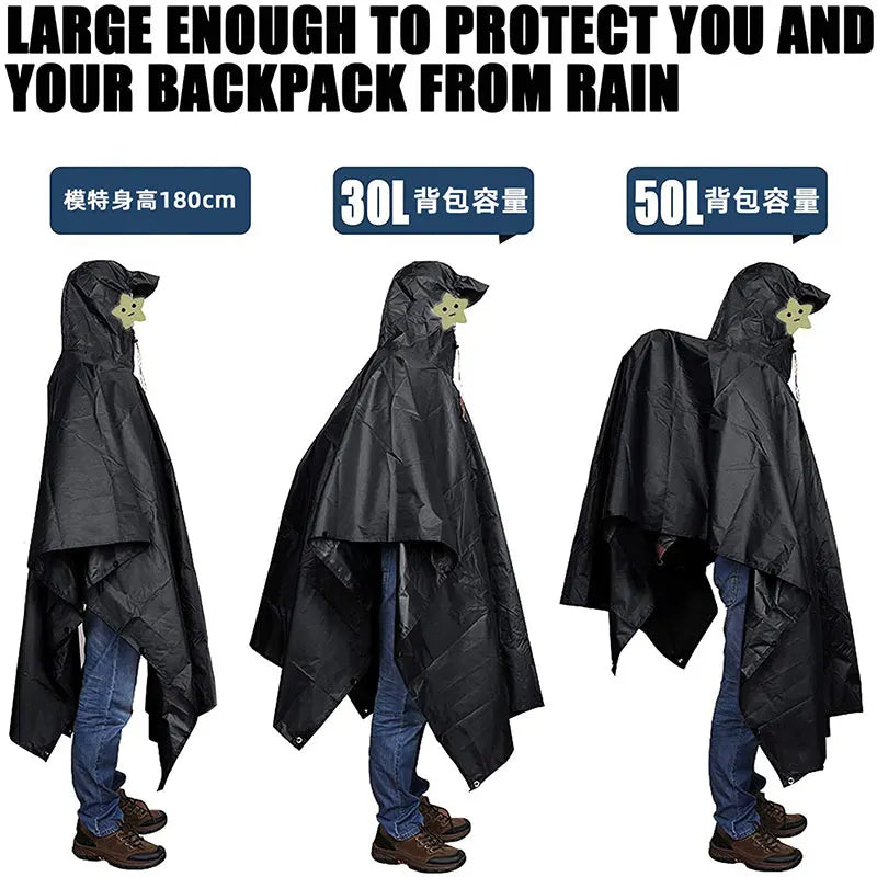 3 In 1 Outdoor Military Raincoat Hooded Sleeve Waterproof Rain Poncho Motorcycle Rain Cover Camping Hiking Travel Rainwear Tent - Korvel