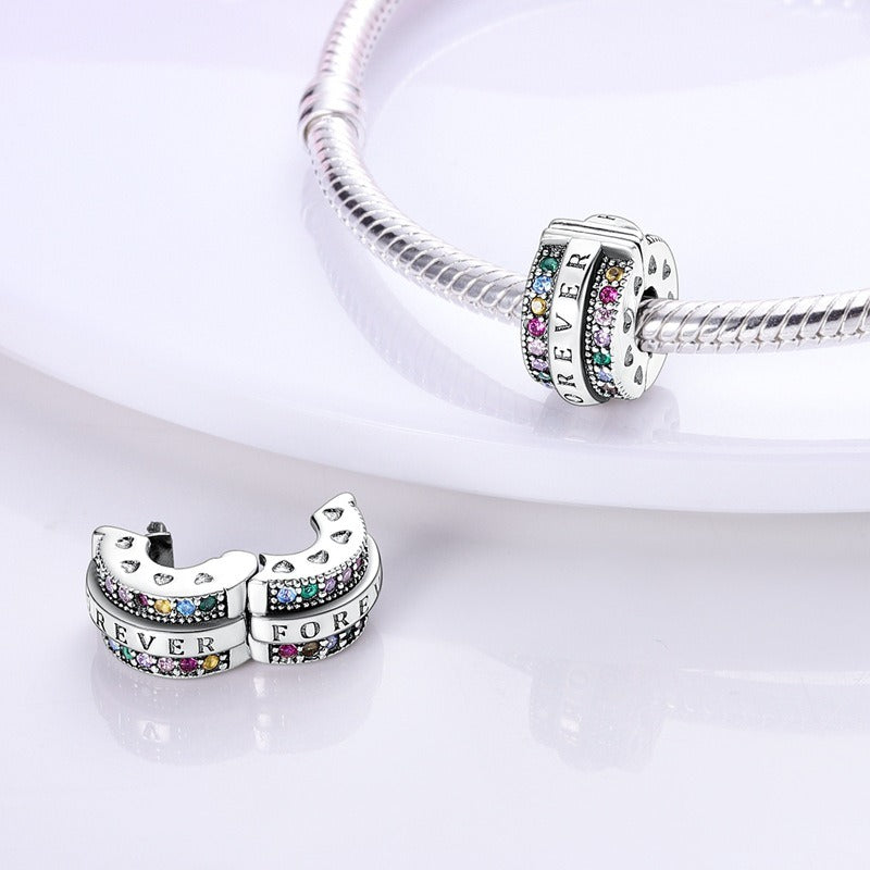 Copper plated S925 silver FOREVER colorful heart clip beads string DIY bracelet necklace - Korvel