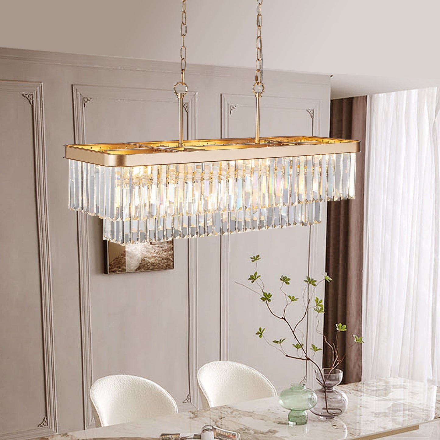 Chandeliers,Rectangular Crystal Chandelier Adjustable,E12 Modern Industrial Crystal Lights (Bulb Not Included) - Korvel