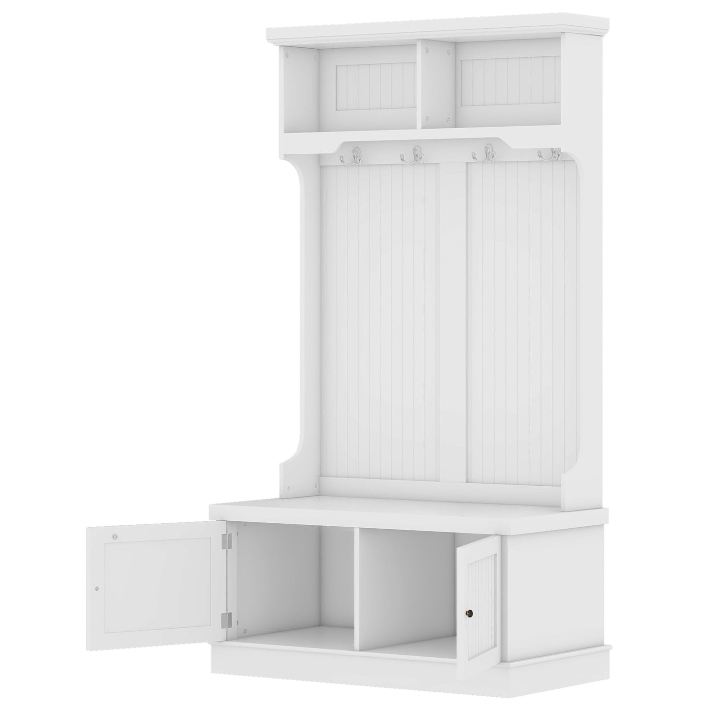 Hall Tree with Storage Shoe Bench for Entryway and Hallway, 4-in-1 Design Coat Racks with 4 Hooks for Living Room, White - Korvel