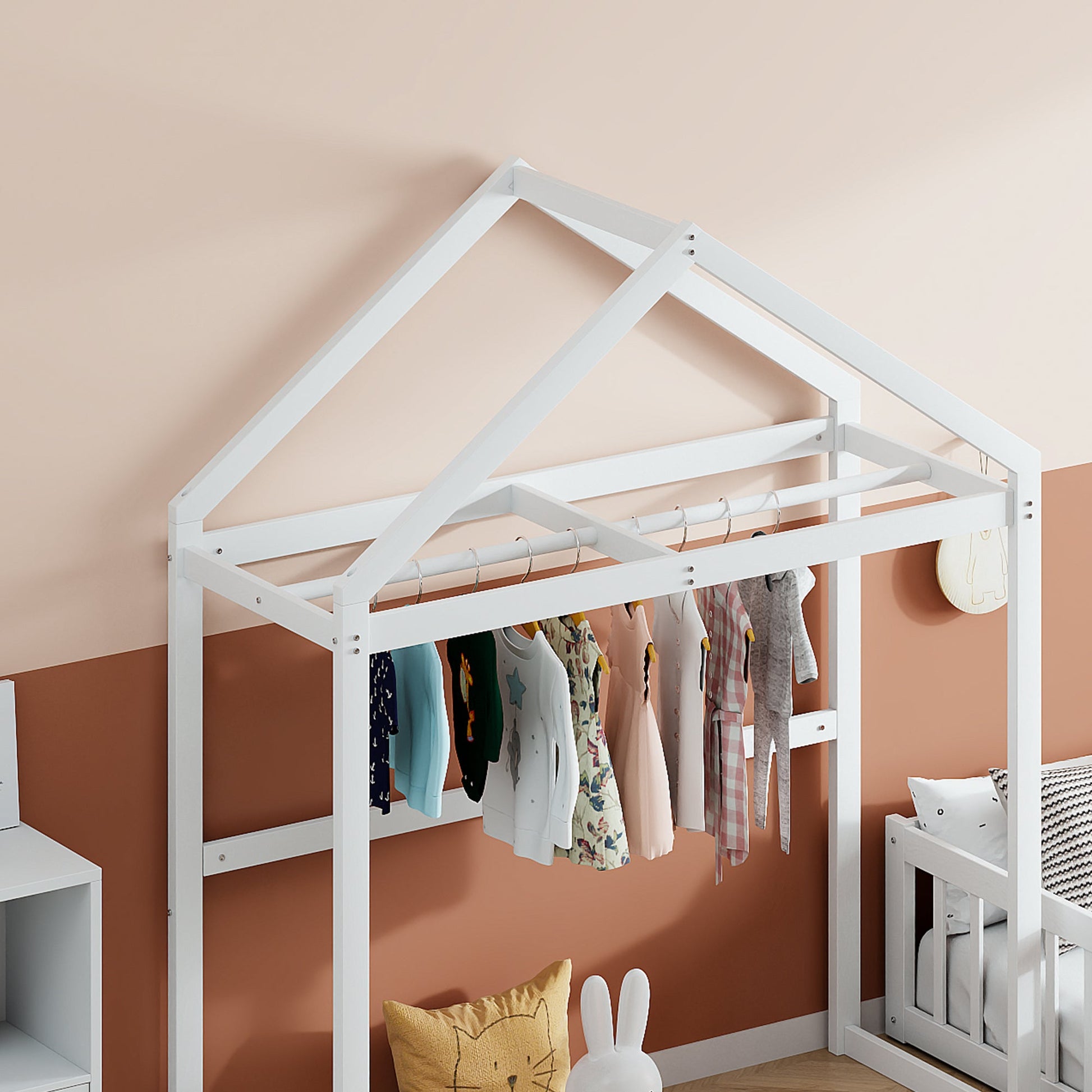 Wooden Full Size Children's Bed with Detachable Headboard and Integrated Clothes Drying Rack, White - Korvel