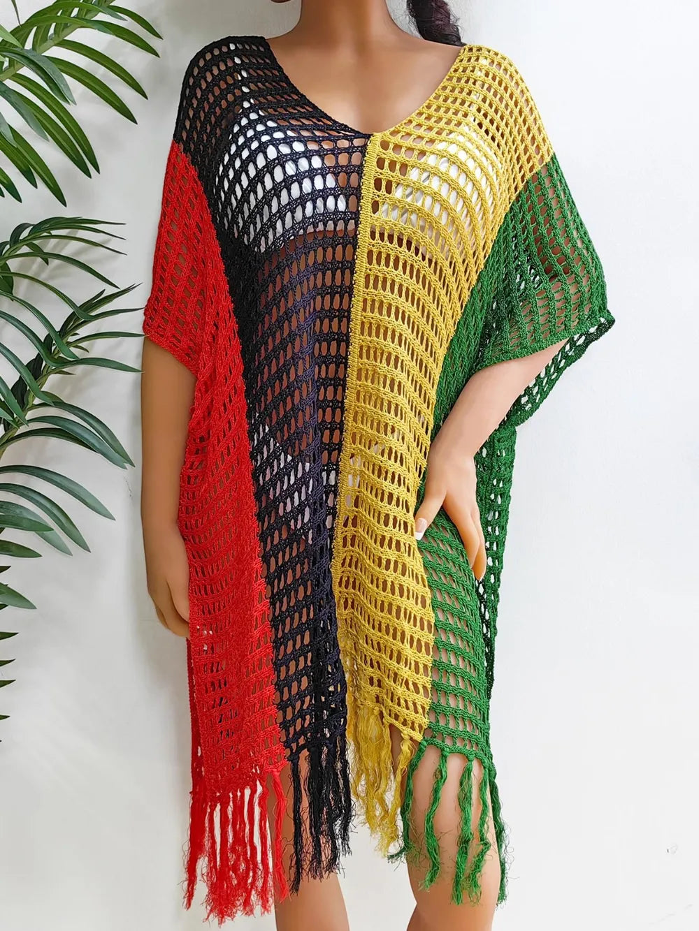 Fringe Color Block Scoop Neck Cover Up - Korvel
