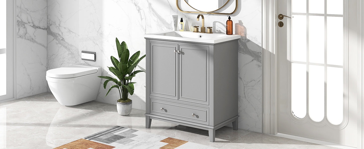 30inchgrey Bathroom Vanity with Sink ComboMulti-functional Bathroom Cabinet with Doors and Drawer Solid Frame and MDF Board - Korvel