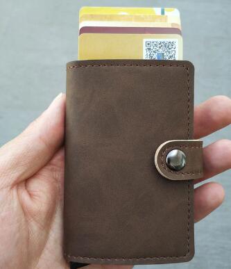 RFID Protected Vintage Automatic Leather Credit Card Holder Men Aluminum Alloy Hasp Business ID Multifunction Cardholder Wallet - Korvel