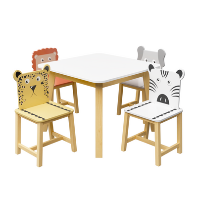 5 Piece Kiddy Table and Chair Set - Kids Wood Table with 4 Cartoon Chairs
