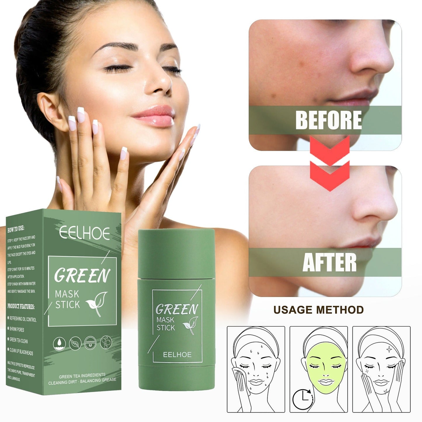 EELHOE Green Tea Solid Mask Deep Cleansing And Hydrating Mask Stick Shrinkage Of Pores Applicator Clay Mask - Korvel