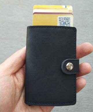 RFID Protected Vintage Automatic Leather Credit Card Holder Men Aluminum Alloy Hasp Business ID Multifunction Cardholder Wallet - Korvel