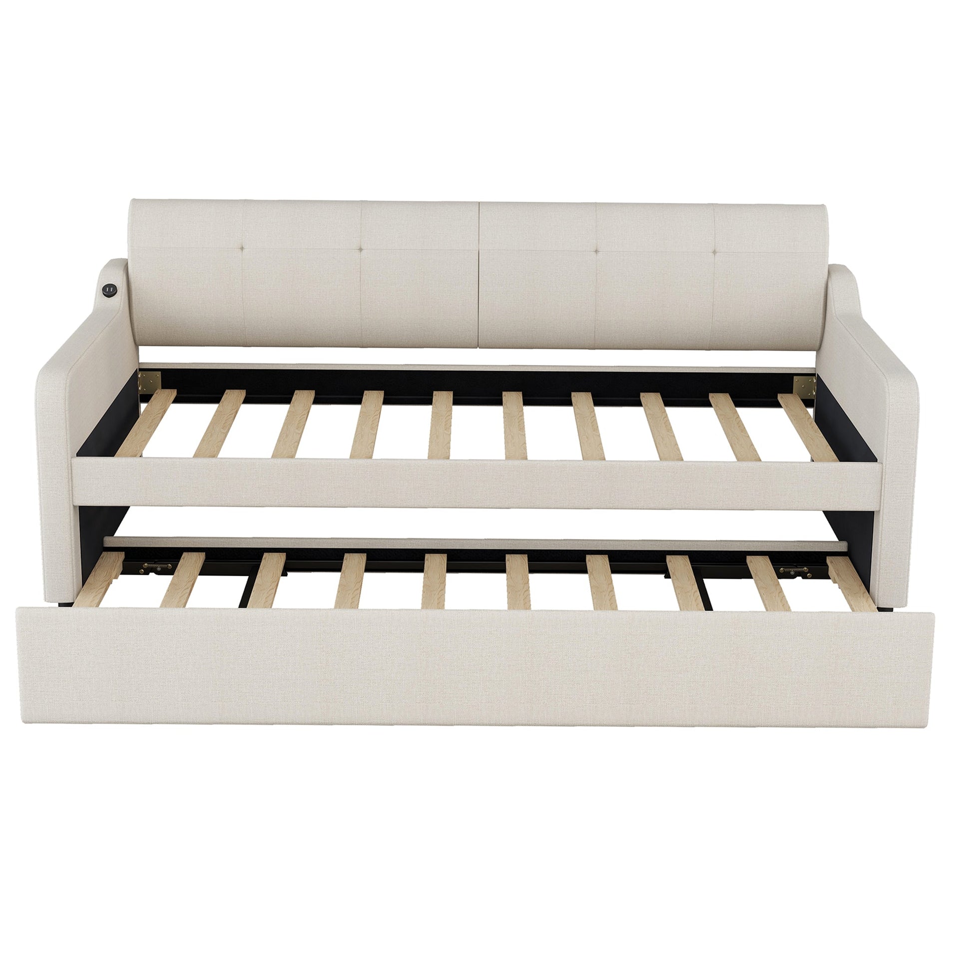 Twin Size Upholstery Daybed with Trundle and USB Charging Design Trundle can be flat or erected Beige - Korvel