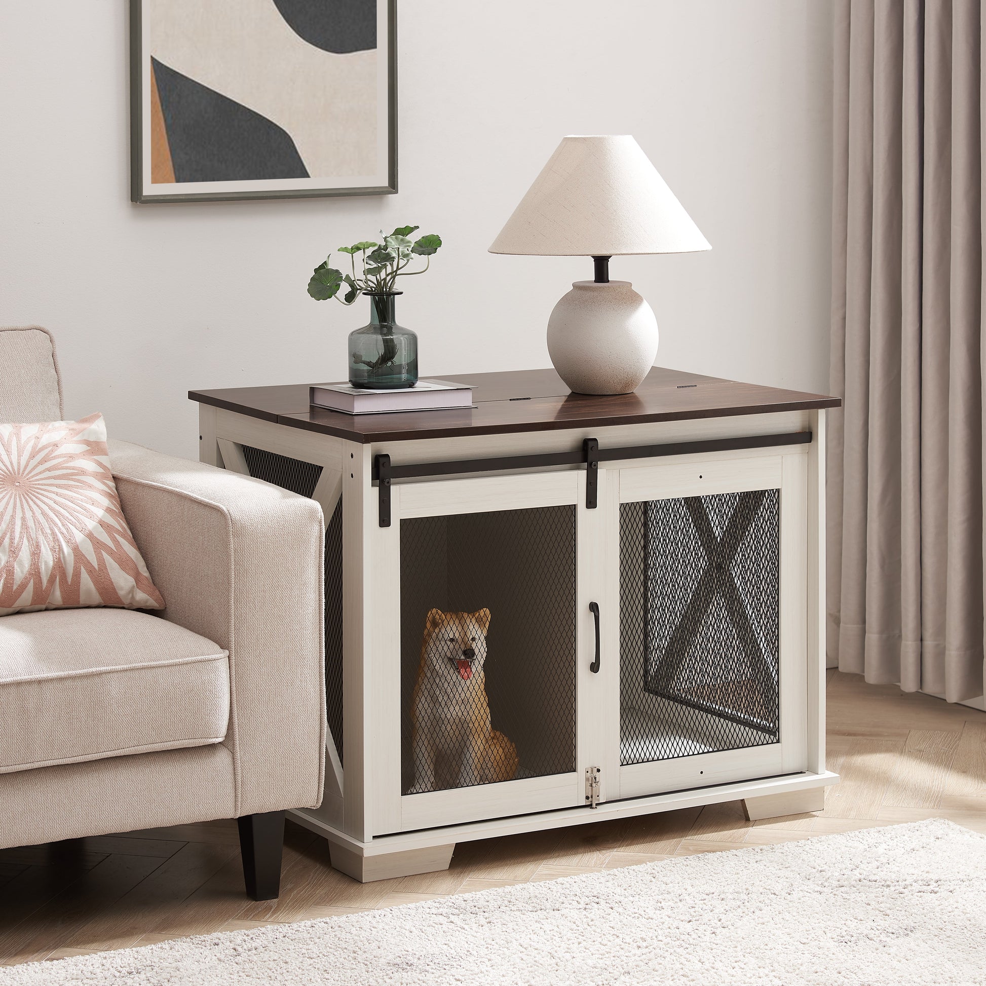 Farm kennel Flat noodles furniture with sliding barn door, farm wooden kennel end table, dog house with removable partition - Korvel