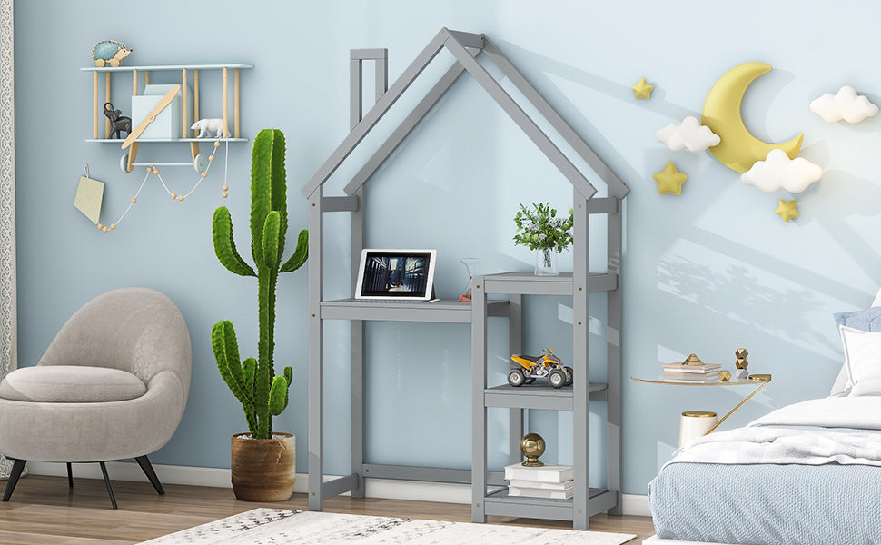House-shaped Wooden writing Desk,Kids study Table,Bookshelf & Toy Storage,Grey - Korvel