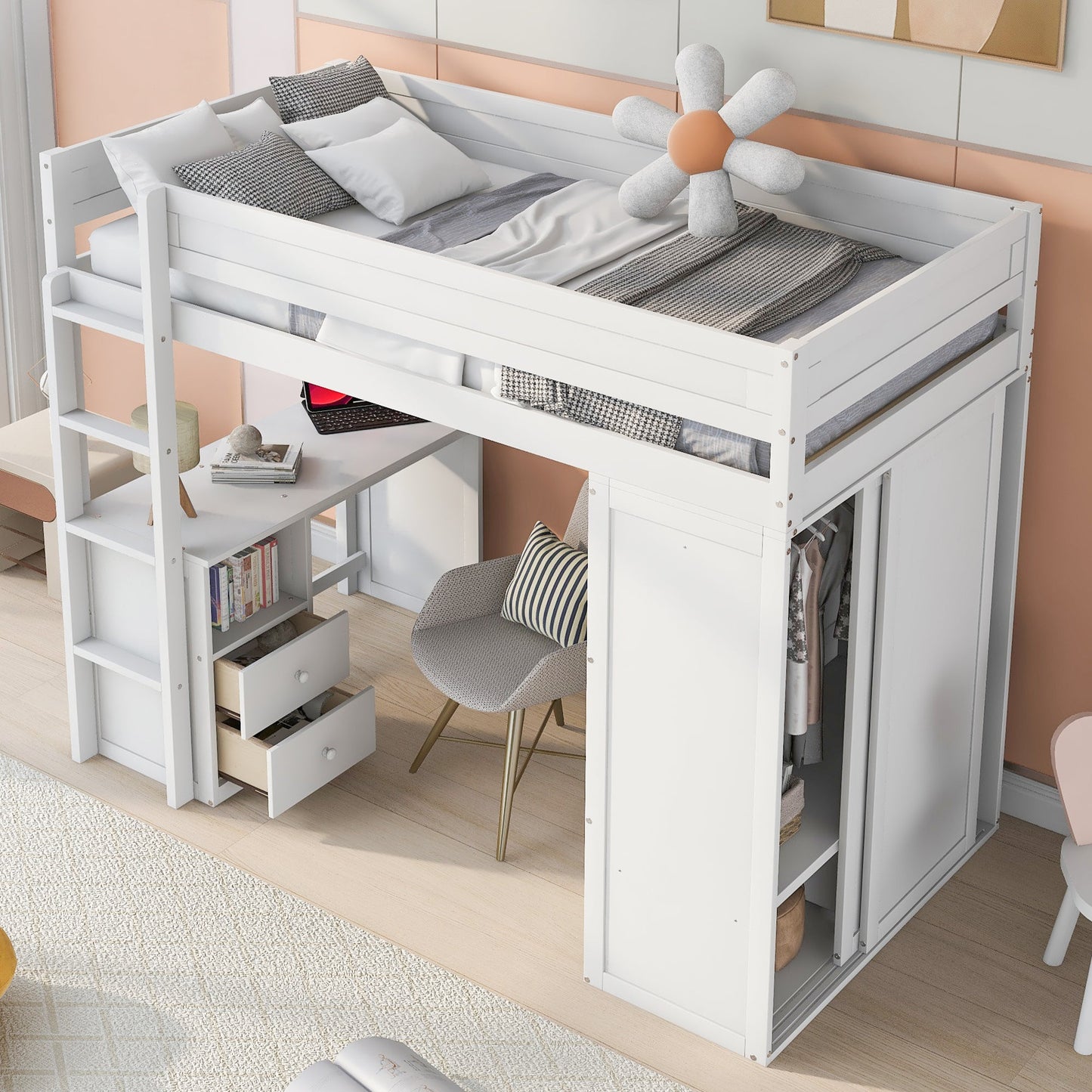 Wood Twin Size Loft Bed with Wardrobes and 2-Drawer Desk with Cabinet  White - Korvel