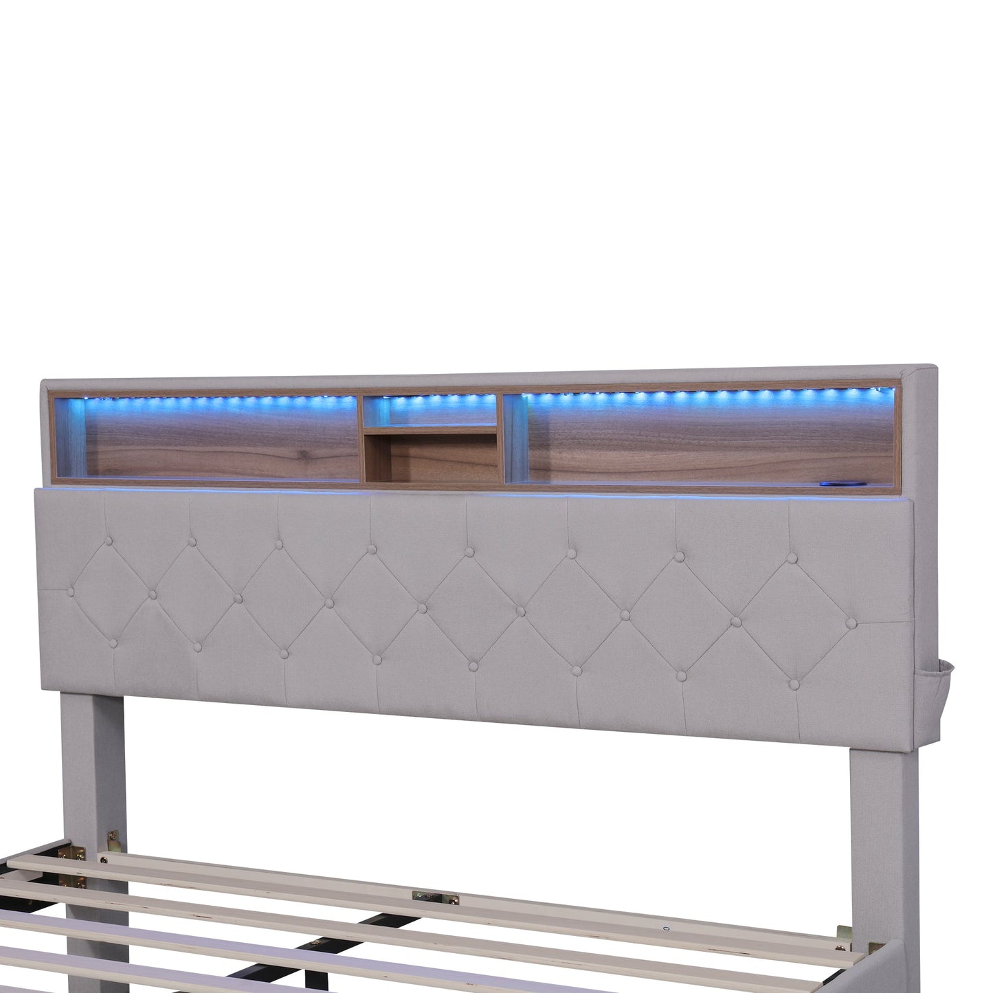 Queen Size Upholstered Platform Bed with Storage Headboard  LED  USB Charging and 2 Drawers  Beige - Korvel