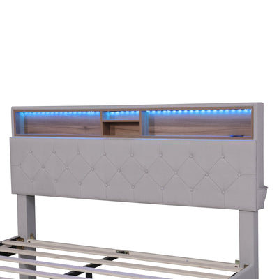 Queen Size Upholstered Platform Bed with Storage Headboard  LED  USB Charging and 2 Drawers  Beige - Korvel