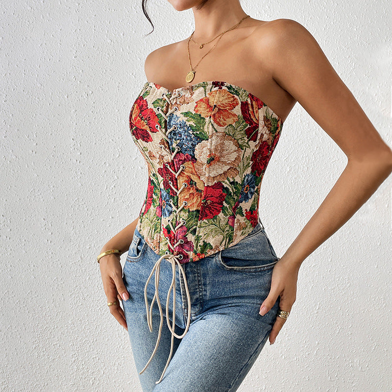 Retro strapless floral print slim fit new lace up chest hugging niche vest - Korvel