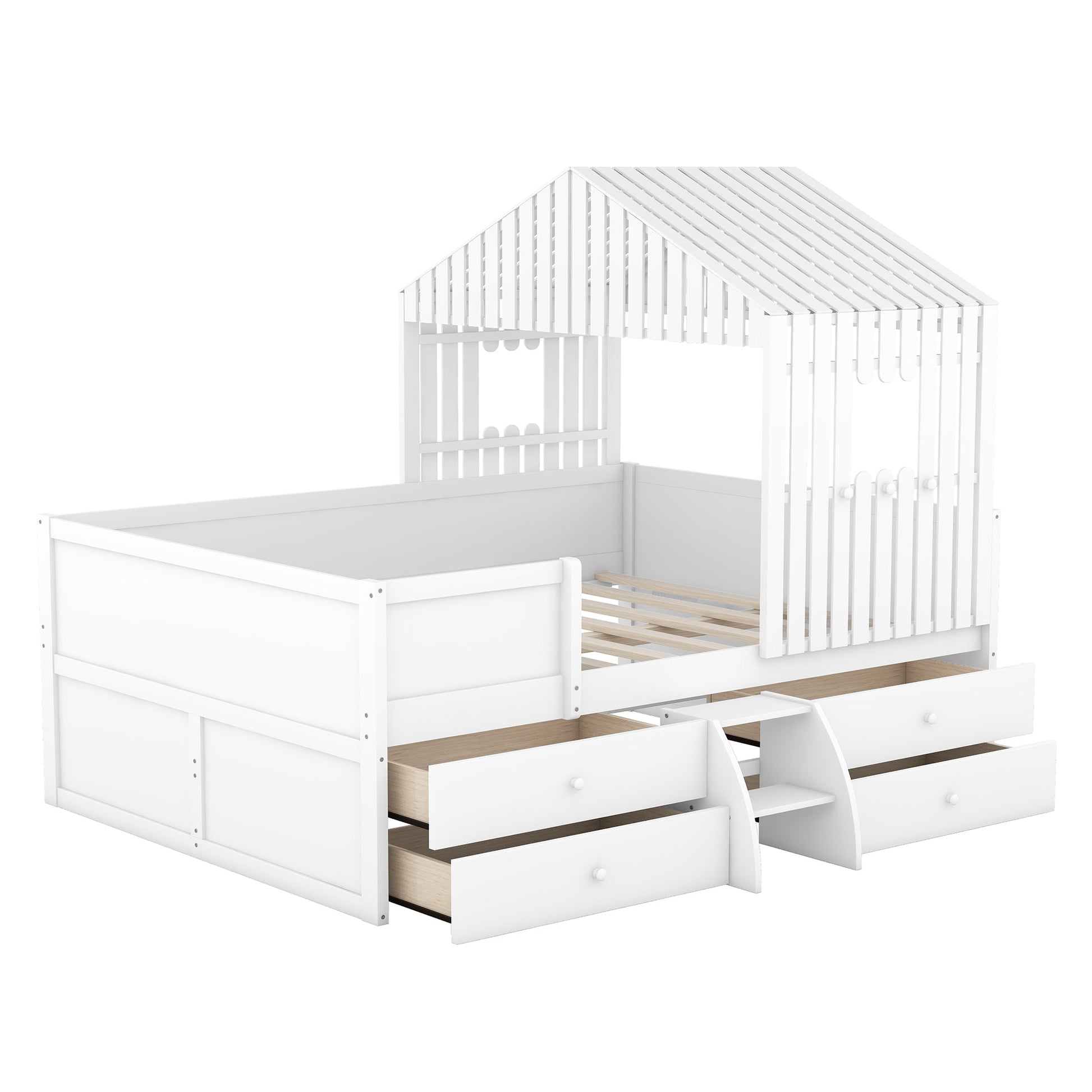 Full Size House Low Loft Bed with Four Drawers,White - Korvel