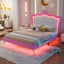 Full Size Upholstered Bed Frame with LED Lights, Modern Upholstered Princess Bed with Crown Headboard, Pink+White - Korvel