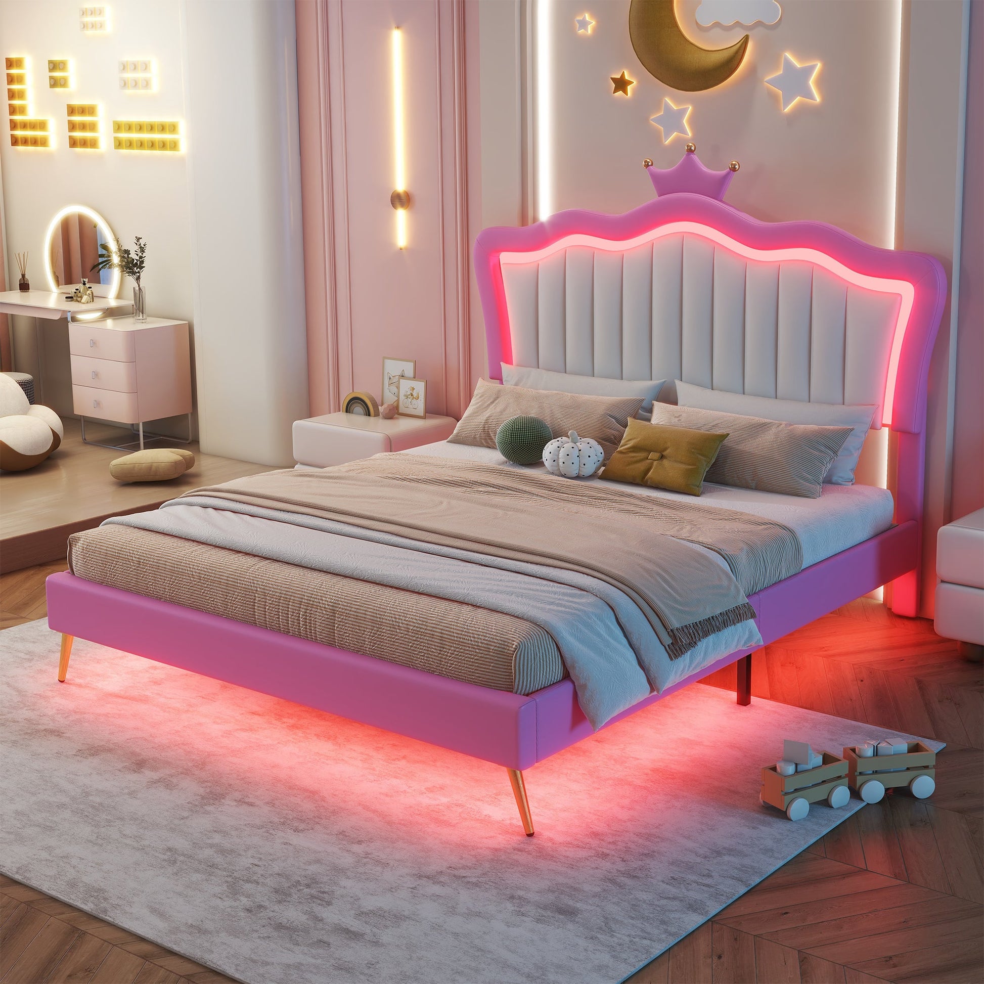Full Size Upholstered Bed Frame with LED Lights, Modern Upholstered Princess Bed with Crown Headboard, Pink+White - Korvel