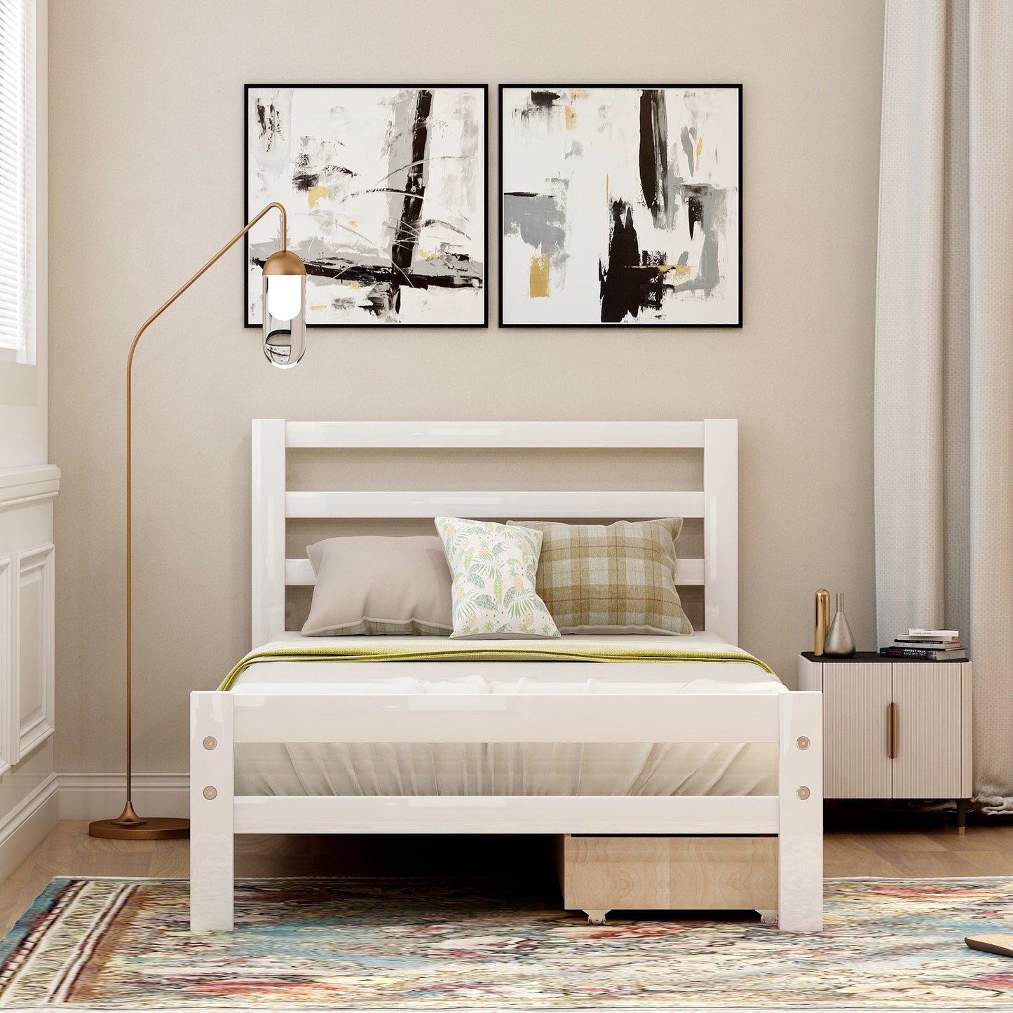 Wood platform bed with two drawers twin (white) - Korvel