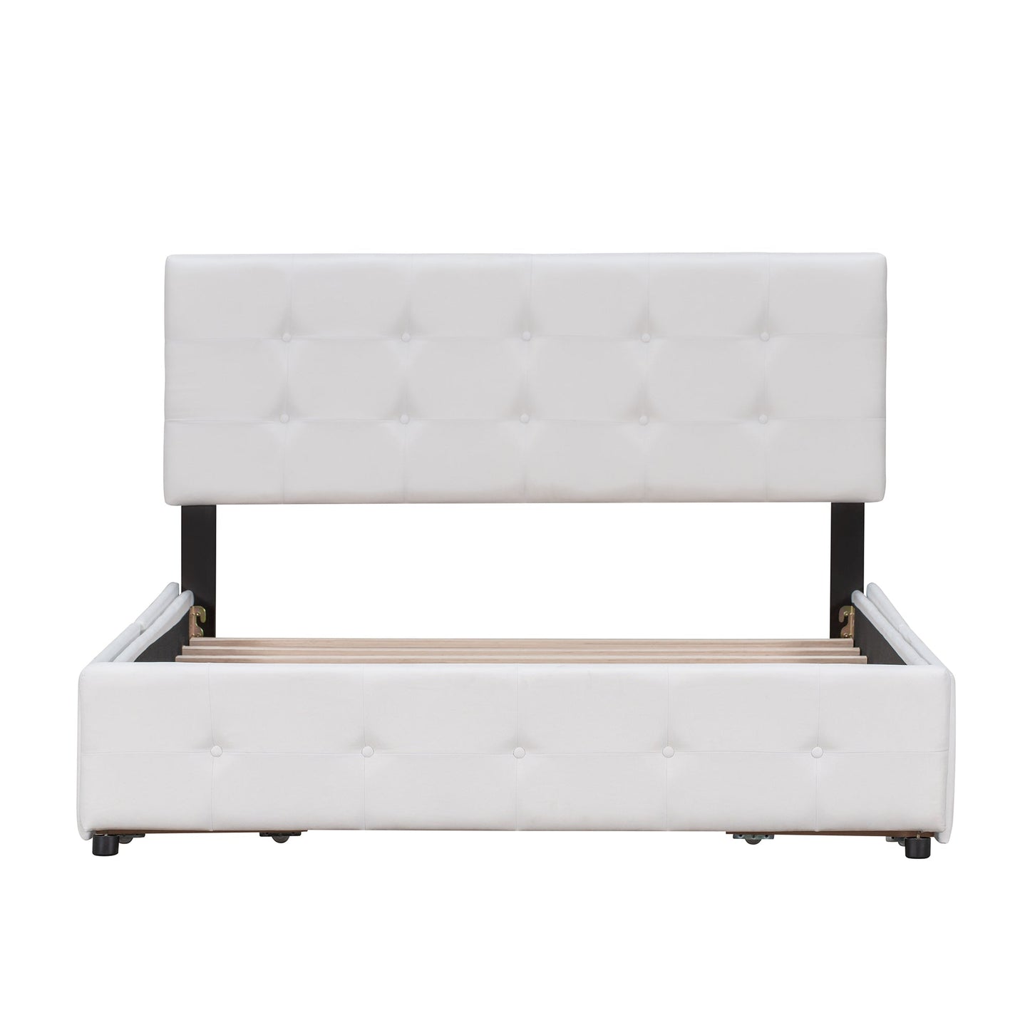 Upholstered Platform Bed with Classic Headboard and 4 Drawers No Box Spring Needed Linen Fabric Queen Size White - Korvel