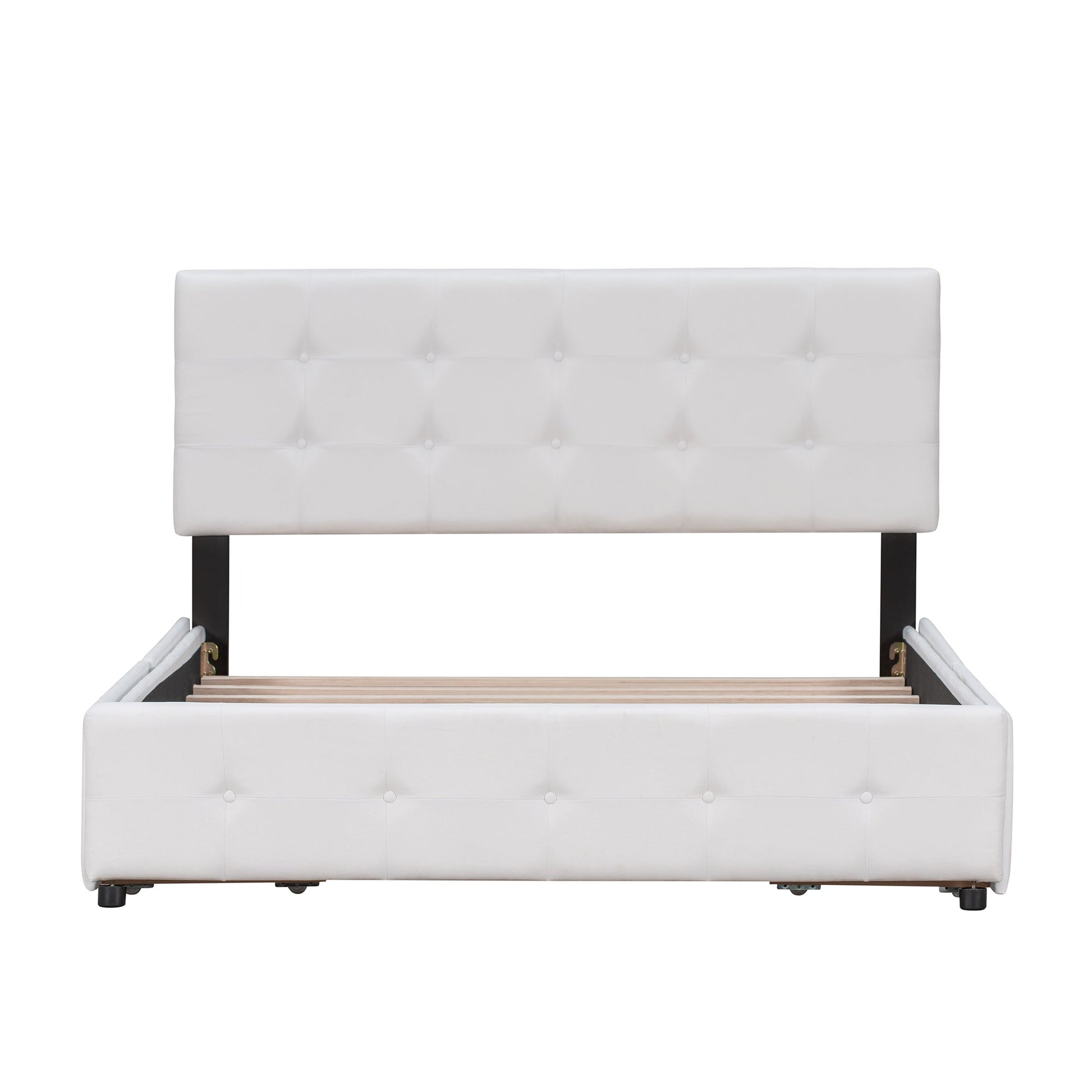 Upholstered Platform Bed with Classic Headboard and 4 Drawers No Box Spring Needed Linen Fabric Queen Size White - Korvel