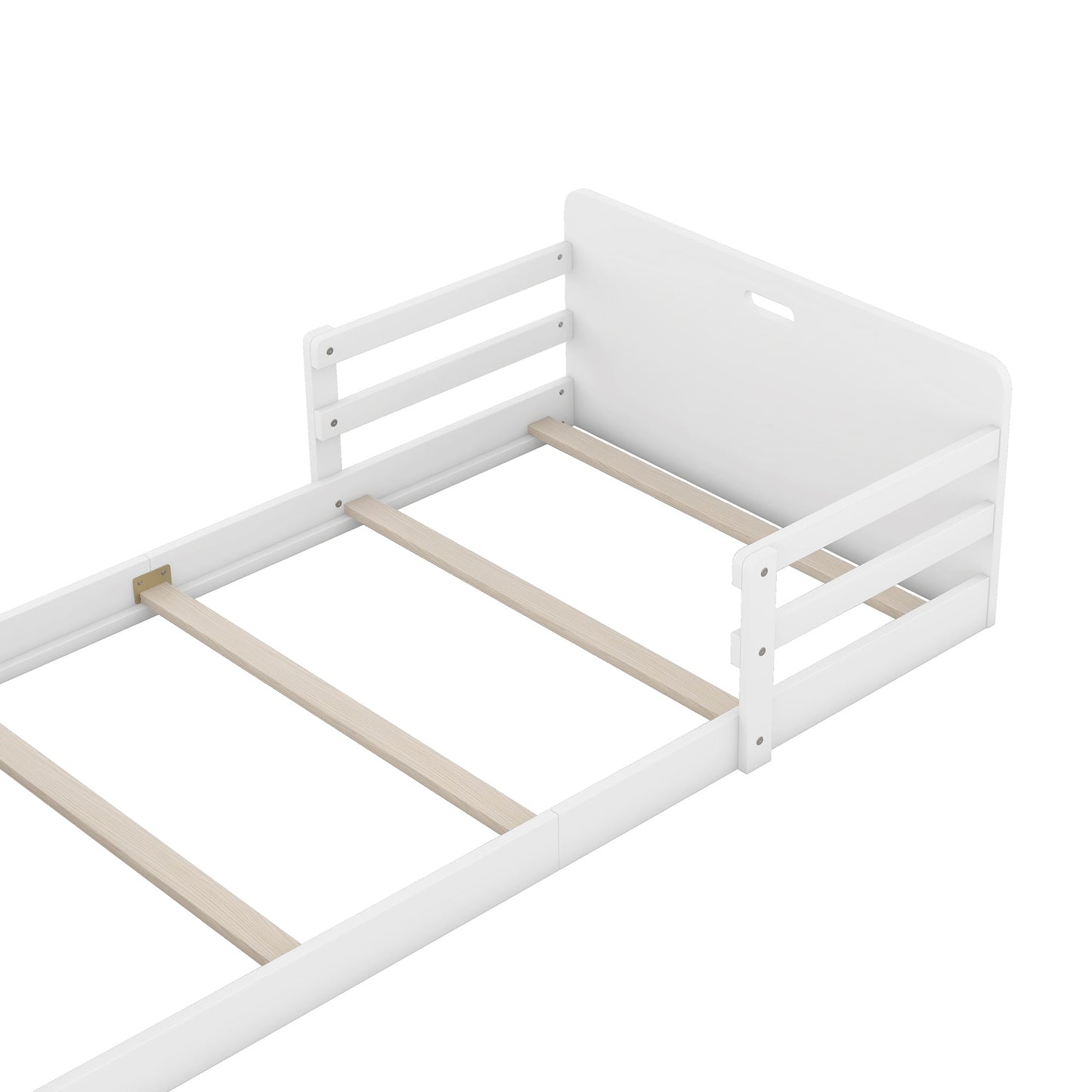 Twin Size Floor Bed with Storage Footboard and Guardrail, White - Korvel