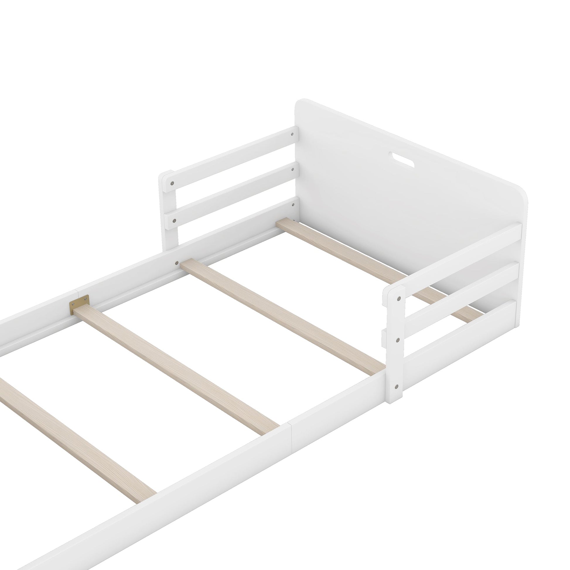 Twin Size Floor Bed with Storage Footboard and Guardrail, White - Korvel