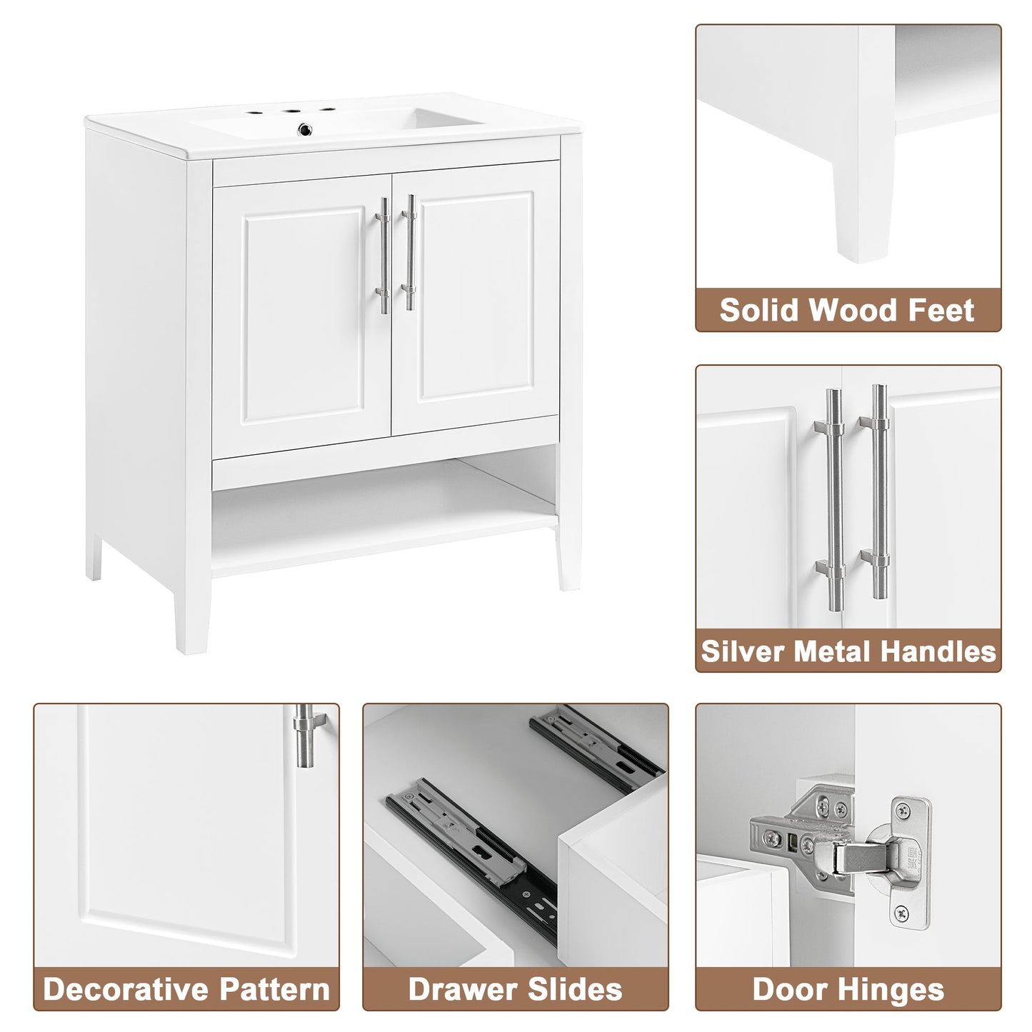 30" Bathroom Vanity with Sink  Multi-functional Bathroom Cabinet with Doors and Drawers Solid Frame and MDF Board, White - Korvel