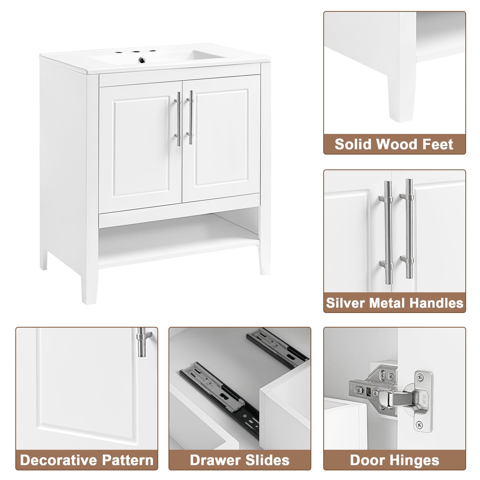 30" Bathroom Vanity with Sink  Multi-functional Bathroom Cabinet with Doors and Drawers Solid Frame and MDF Board, White - Korvel