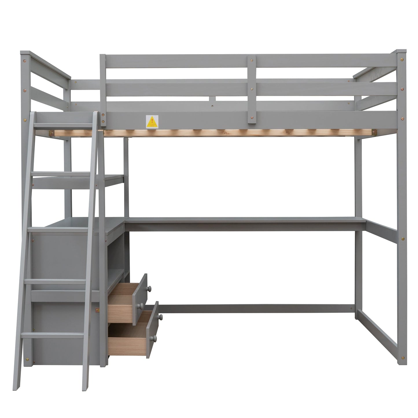 Full Size Loft Bed with Desk and Shelves - Gray