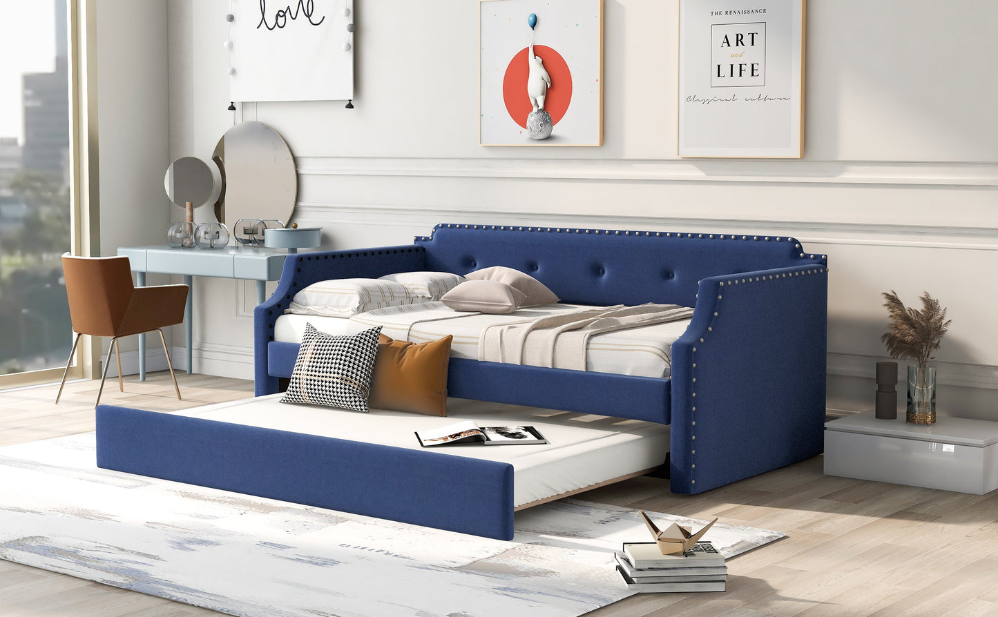 Upholstered Daybed with Trundle, Wood Slat Support,Upholstered Frame Sofa Bed Twin Blue - Korvel