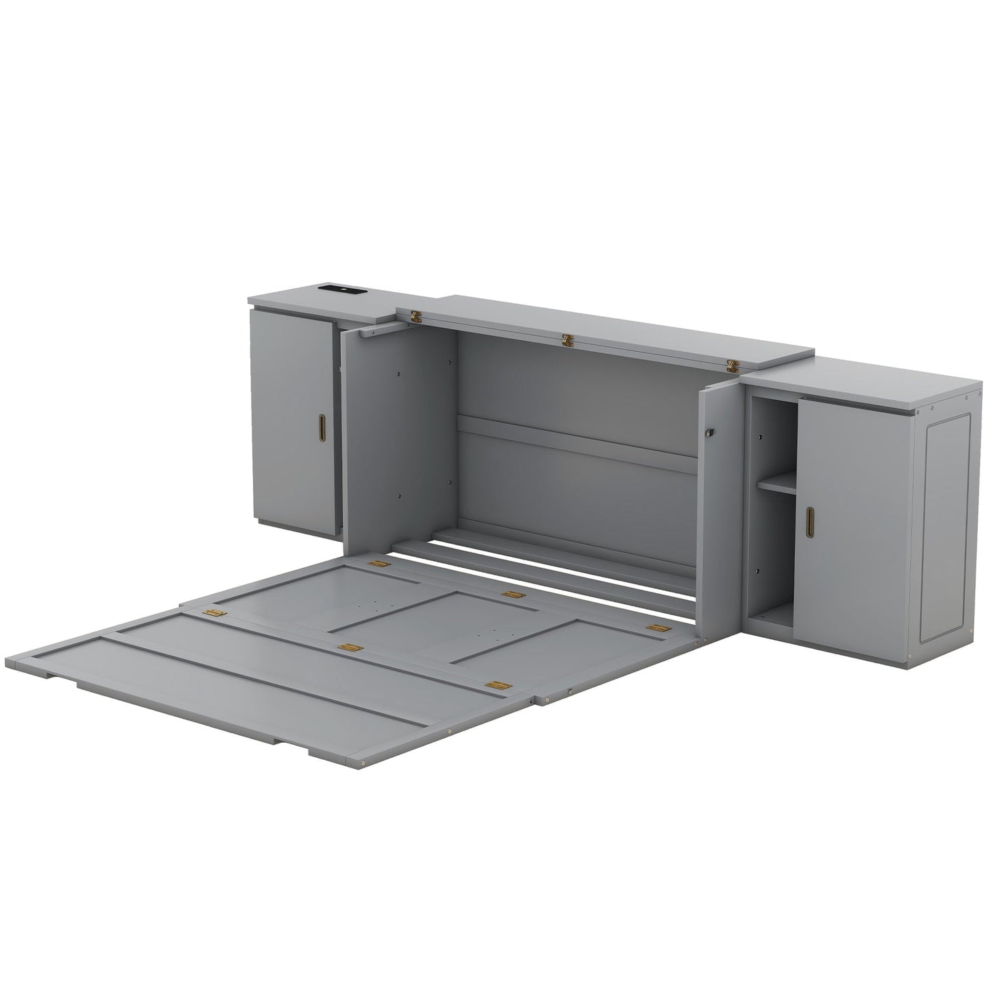 Queen Size Murphy Bed with Shelves, Cabinets and USB Ports,Gray - Korvel
