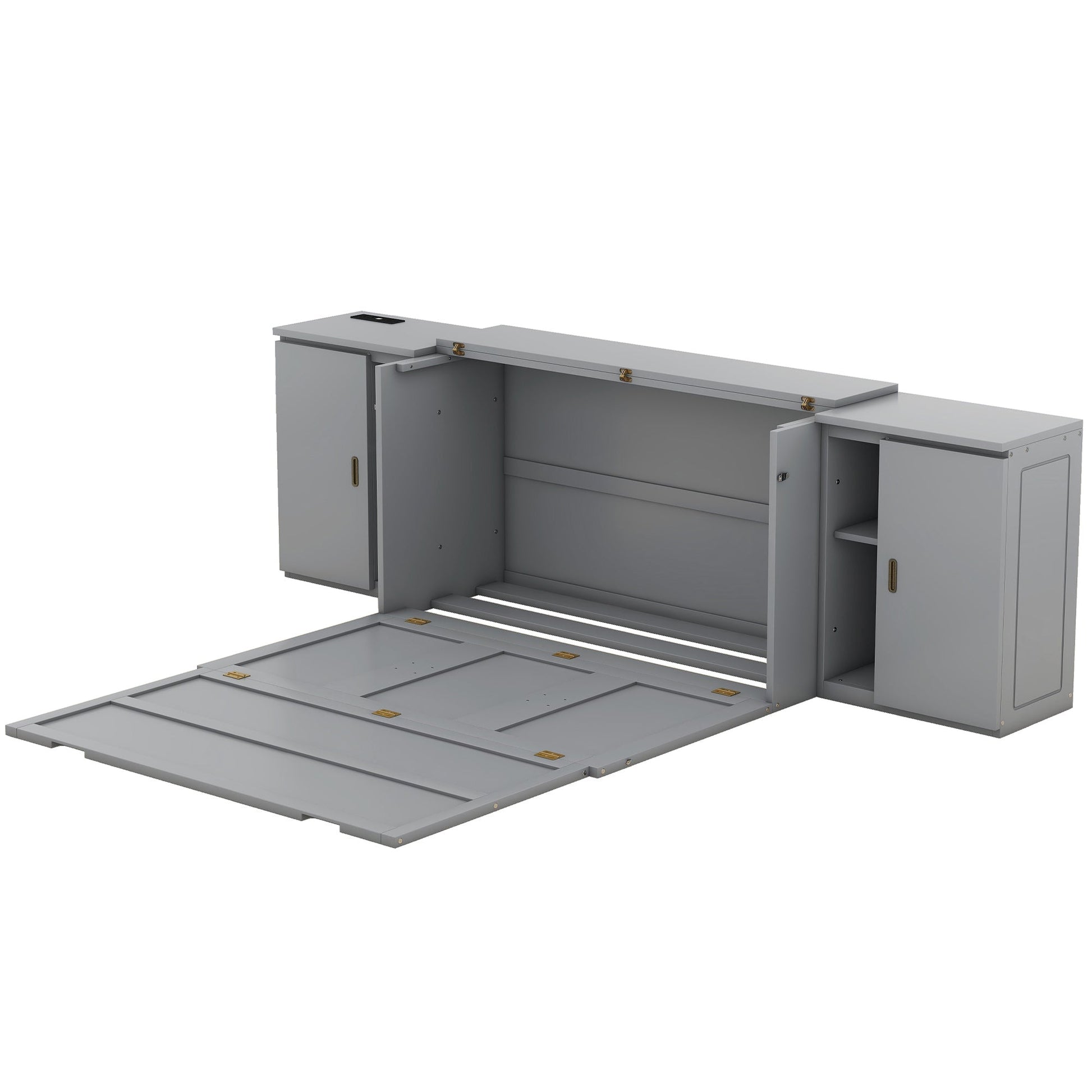 Queen Size Murphy Bed with Shelves, Cabinets and USB Ports,Gray - Korvel