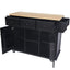 Kitchen trolley with rubber wood leaf countertop, 5-wheel kitchen island, storage cabinet and 3 dining drawers, black - Korvel