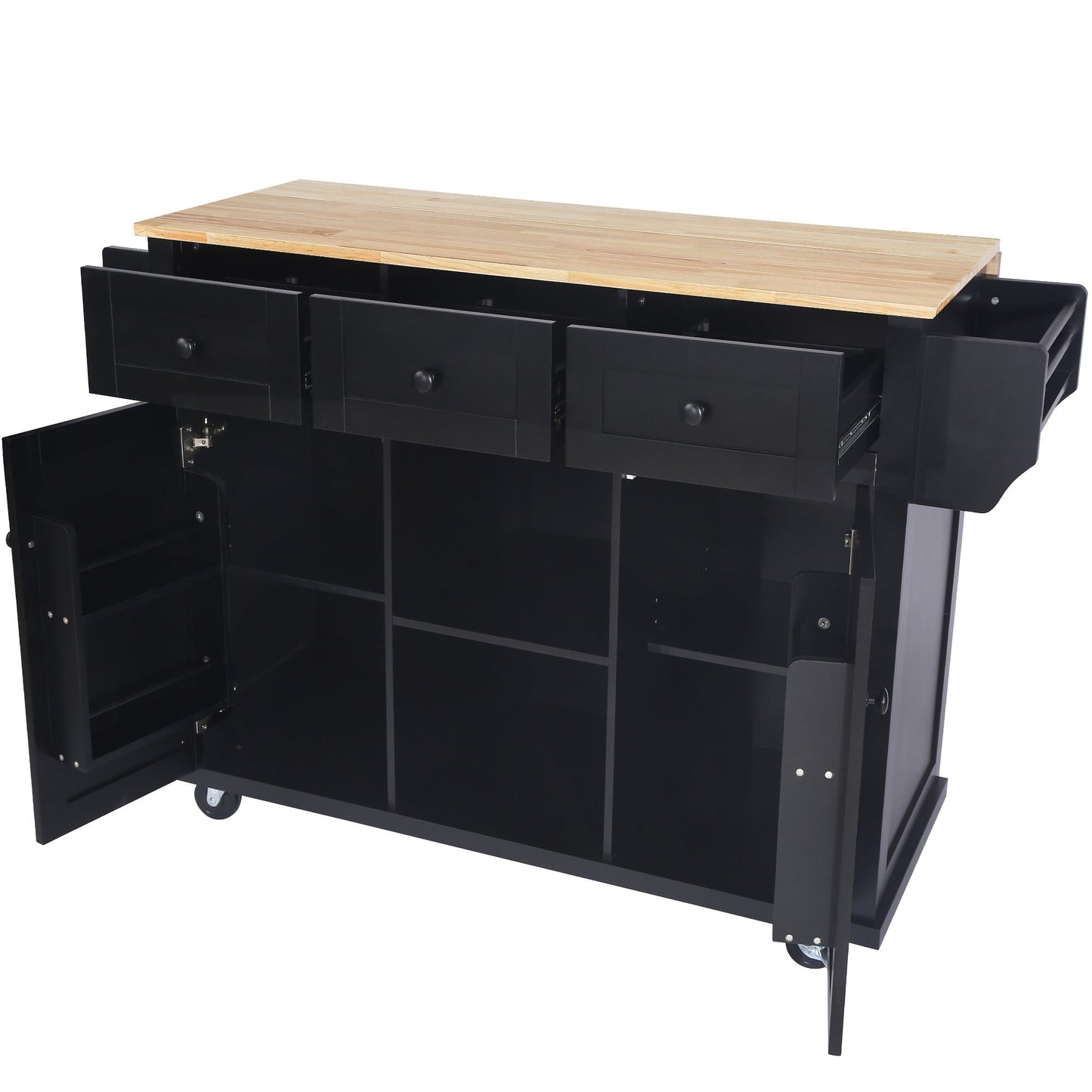 Kitchen trolley with rubber wood leaf countertop, 5-wheel kitchen island, storage cabinet and 3 dining drawers, black - Korvel