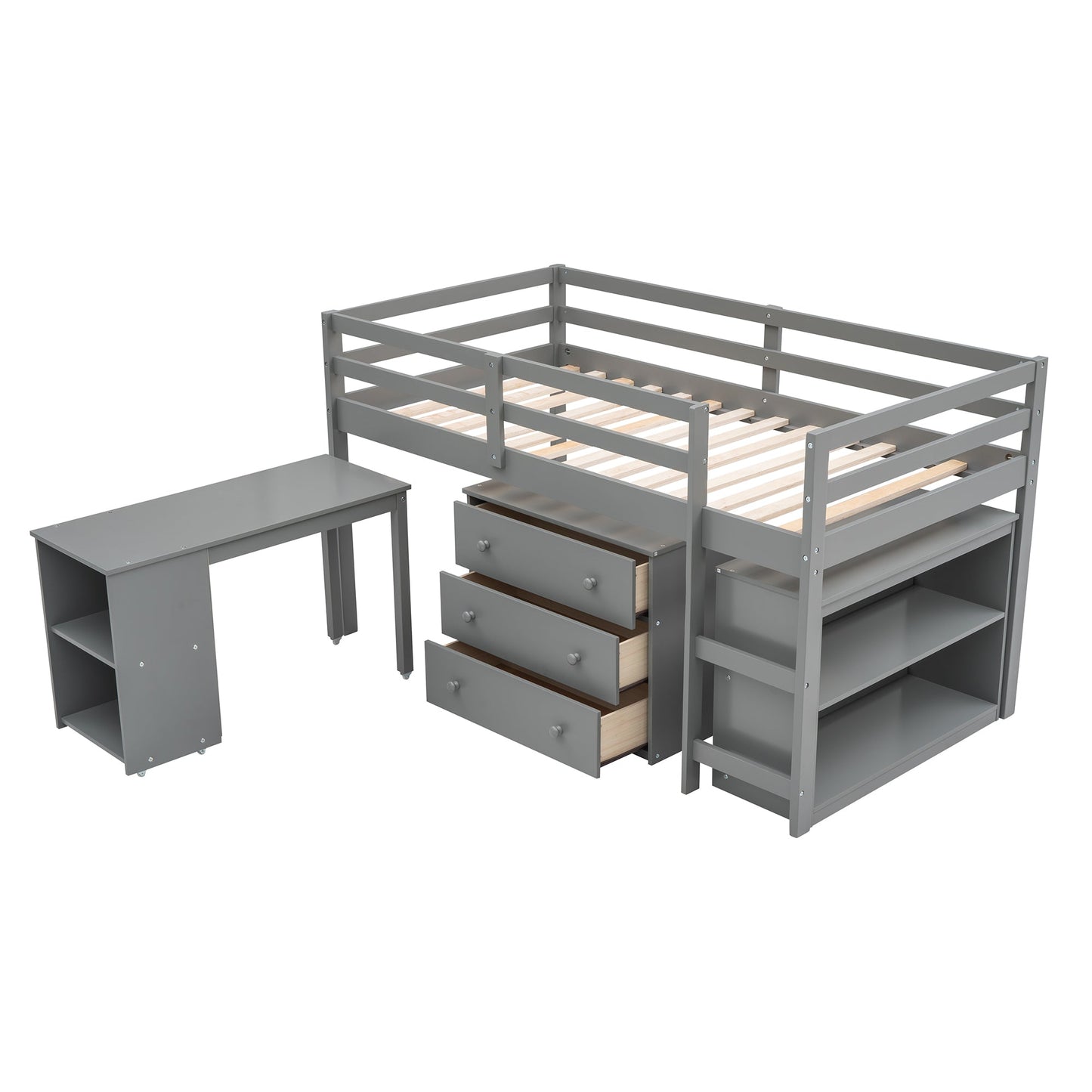 Low Study Twin Loft Bed with Cabinet and Rolling Portable Desk - Gray (OLD SKU :LP000113AAE) - Korvel