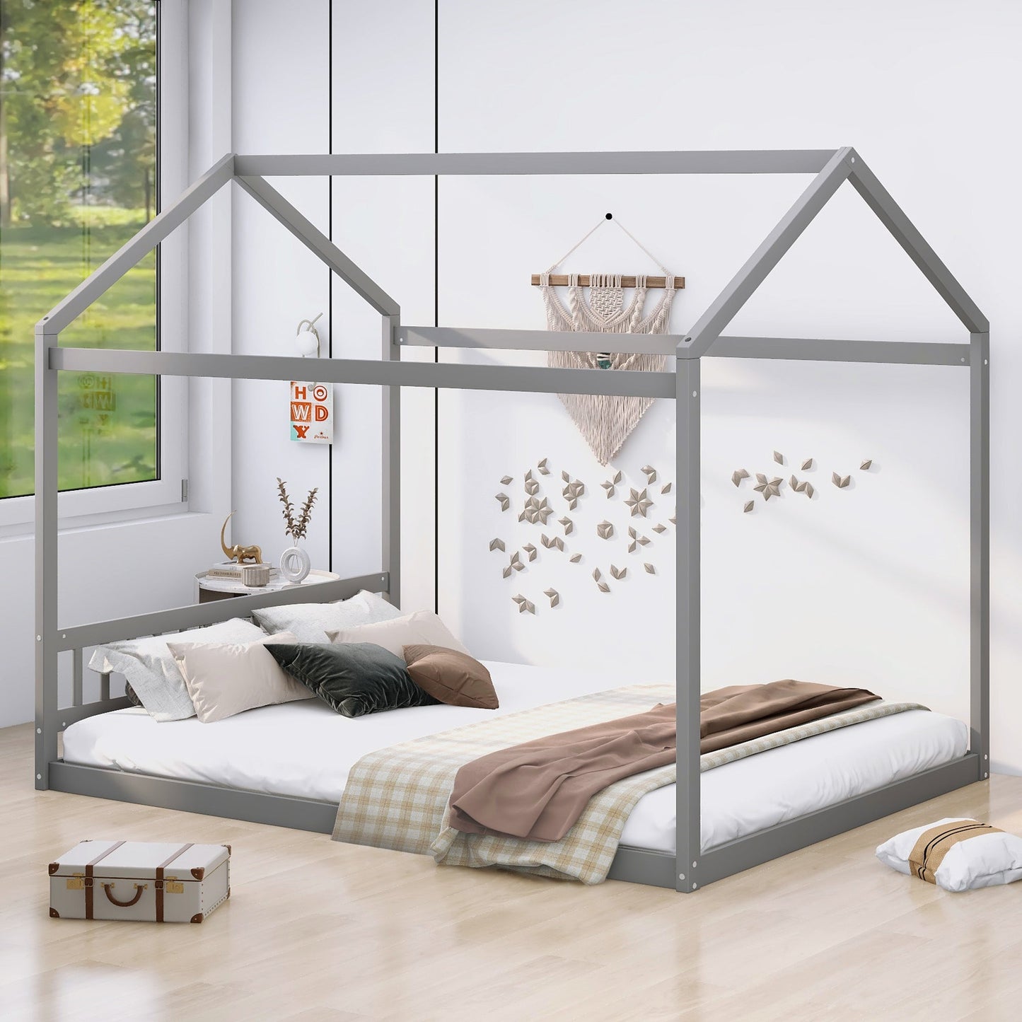 Queen Size Wooden House Bed with Headboard Gray - Korvel