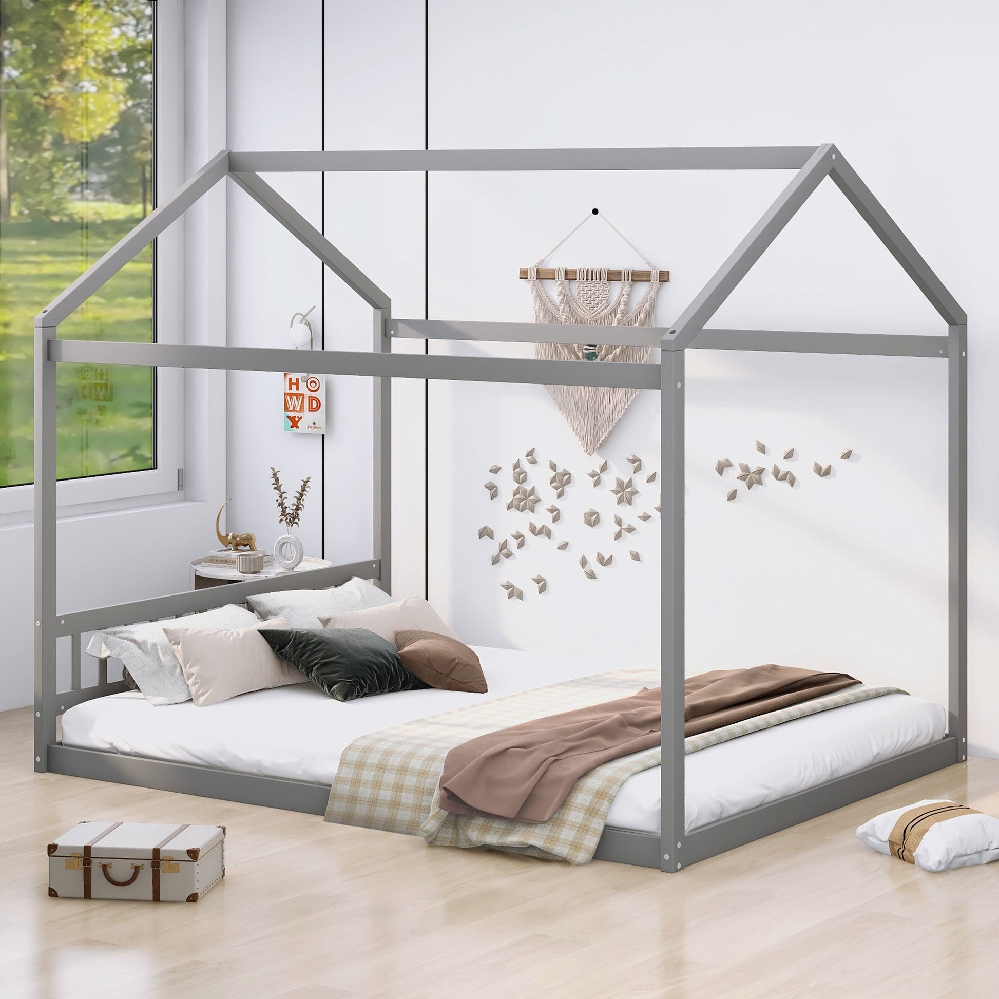 Queen Size Wooden House Bed with Headboard Gray - Korvel